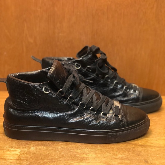 Men’s Designer Balenciaga Arena Black Leather High Sneakers size 44 - Picture 2 of 7
